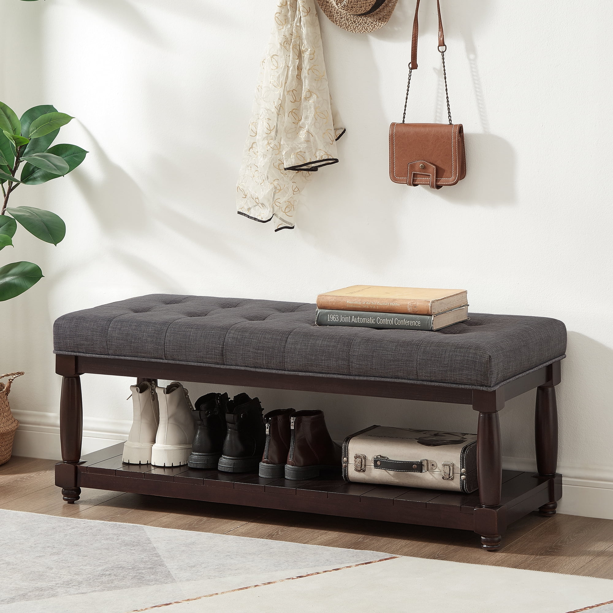 Leumius Upholstered Linen Bench with Storage Shelf, Solid Wood Spindle Legs Accent Furniture Tufted Ottoman Bench for Bedroom Entryway Living Room Dark Gray