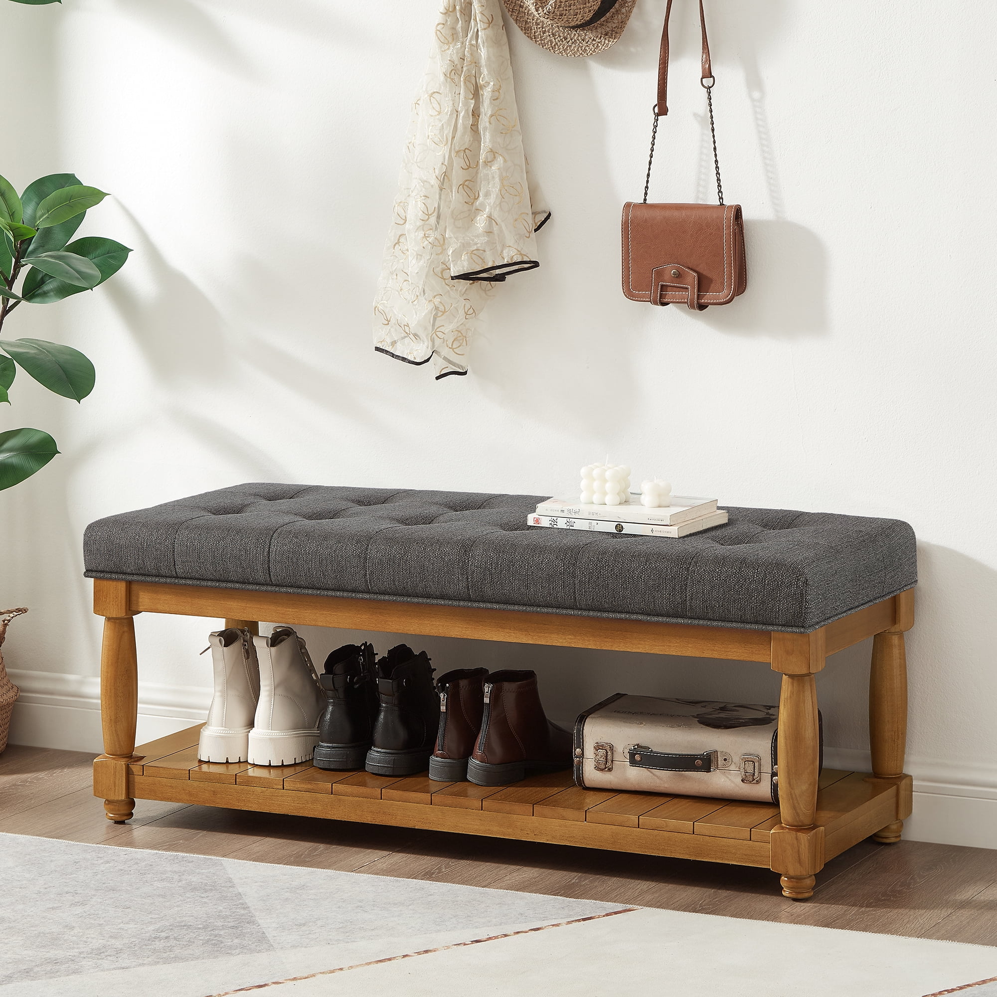 Leumius Upholstered Linen Bench with Storage Shelf, Solid Wood Spindle Legs Accent Furniture Tufted Ottoman Bench for Bedroom Entryway Living Room Granite