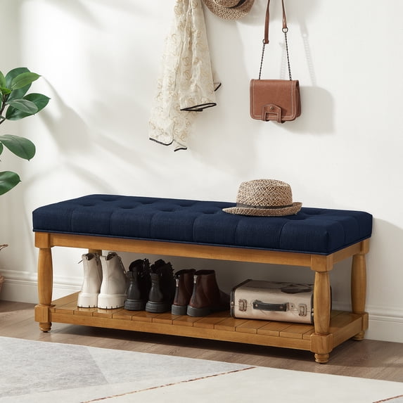 Leumius Upholstered Linen Bench with Storage Shelf, Solid Wood Spindle Legs Accent Furniture Tufted Ottoman Bench for Bedroom Entryway Living Room Navy Blue