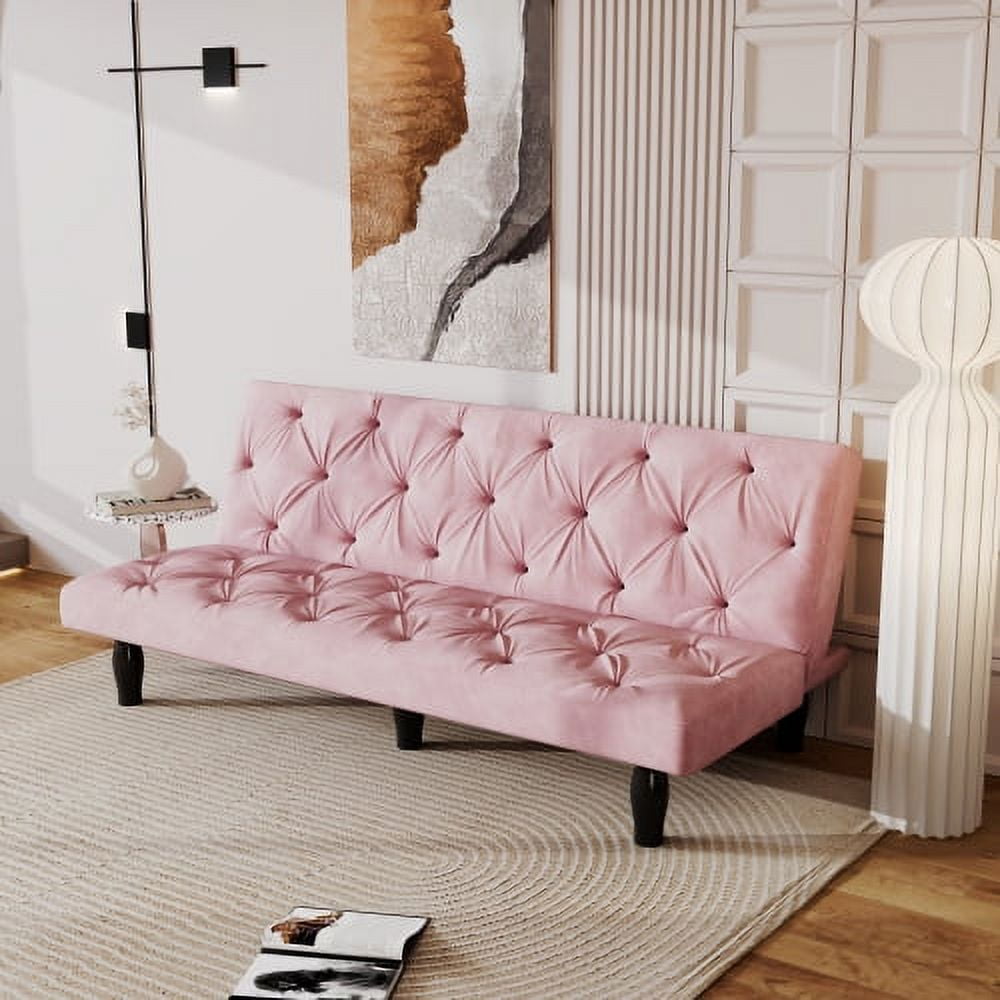 Leumius Velvet 66” x 31” x 27” Futon Wooden Legs Convertible and Reclining Upholstered Sofa, Pink