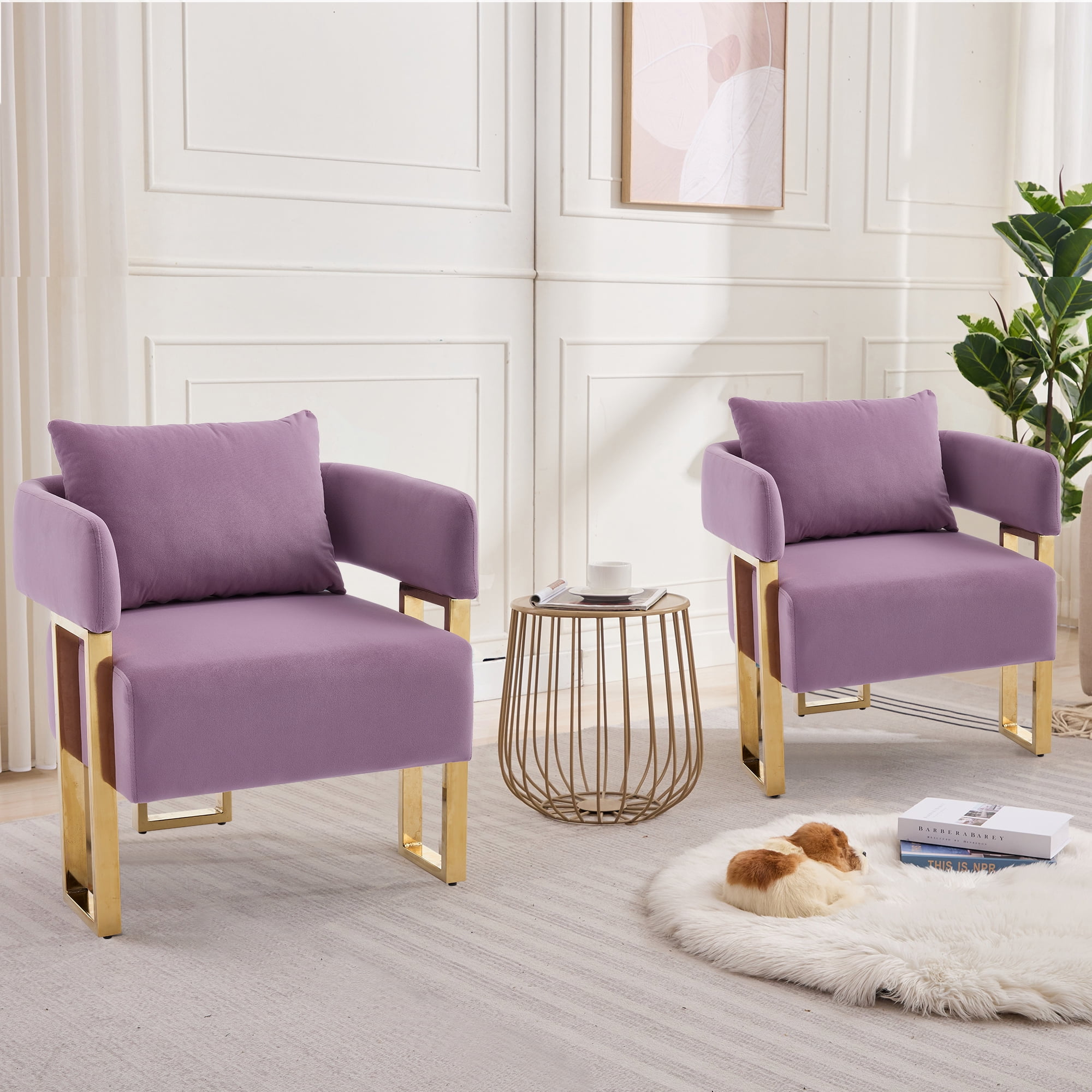 Leumius Velvet Accent Chairs Set of 2,Morden Upholstered Armchair Dining Side Chairs with Gold Metal Legs for Dining Kitchen Living Room,Lilac