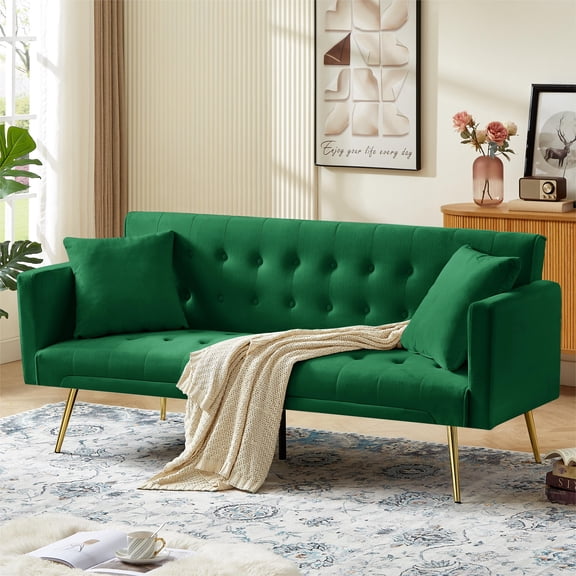 Leumius Velvet Adjustable Convertible Twin Futon Sofa Bed with Pillows, Green