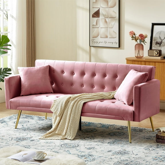 Leumius Velvet Futon Sofa Bed,Adjustable Convertible Folding Sleeper Couch Bed for Compact Living Spaces,Pink