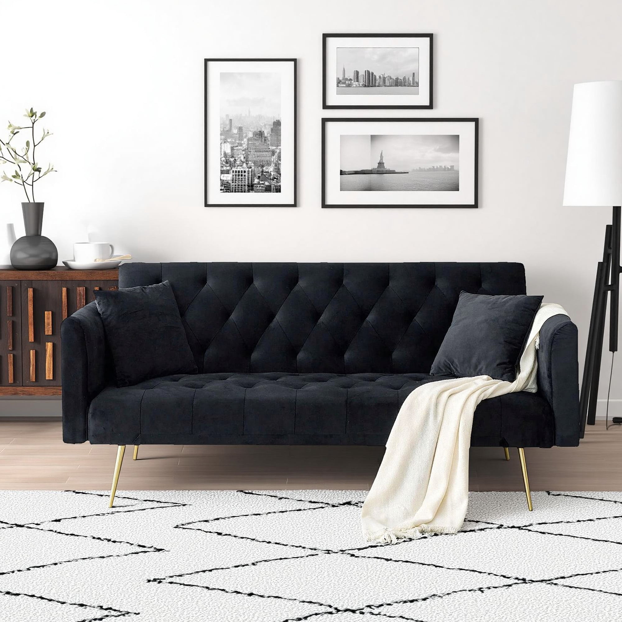 Leumius Velvet Futon Sofa Bed,Convertible Sleeper Couchwith Adjustable Backres & 2 Pillows for Small Spaces,Living Room,Black