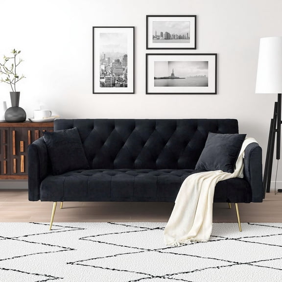Leumius Velvet Futon Sofa Bed,Convertible Sleeper Couchwith Adjustable Backres & 2 Pillows for Small Spaces,Living Room,Black