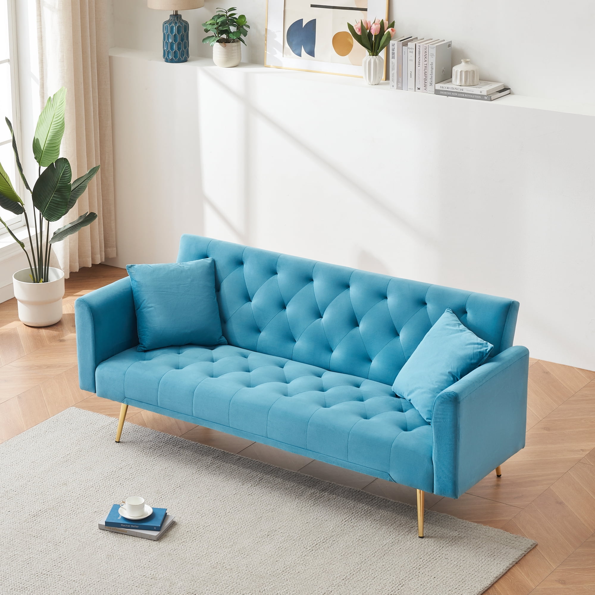Leumius Velvet Futon Sofa Bed,Convertible Sleeper Couchwith Adjustable Backres & 2 Pillows for Small Spaces,Living Room,Light Blue