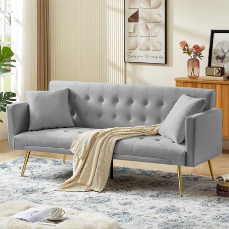 Leumius Velvet Futon Sofa Bed Mid-Century Modern Adjustable Backrest with Pillows, Gray/Gold