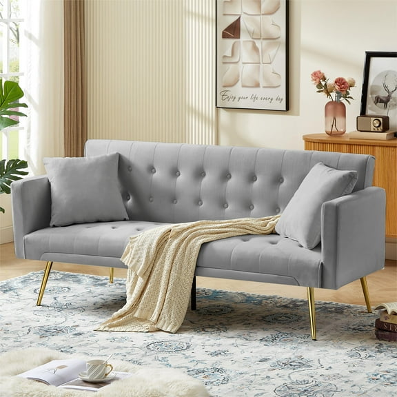 Leumius Velvet Futon Sofa Bed Mid-Century Modern Adjustable Backrest with Pillows, Gray/Gold
