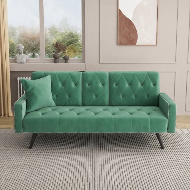 Leumius Velvet Futon Sofa with 2 Cup Holders, Modern Upholstered Sofa