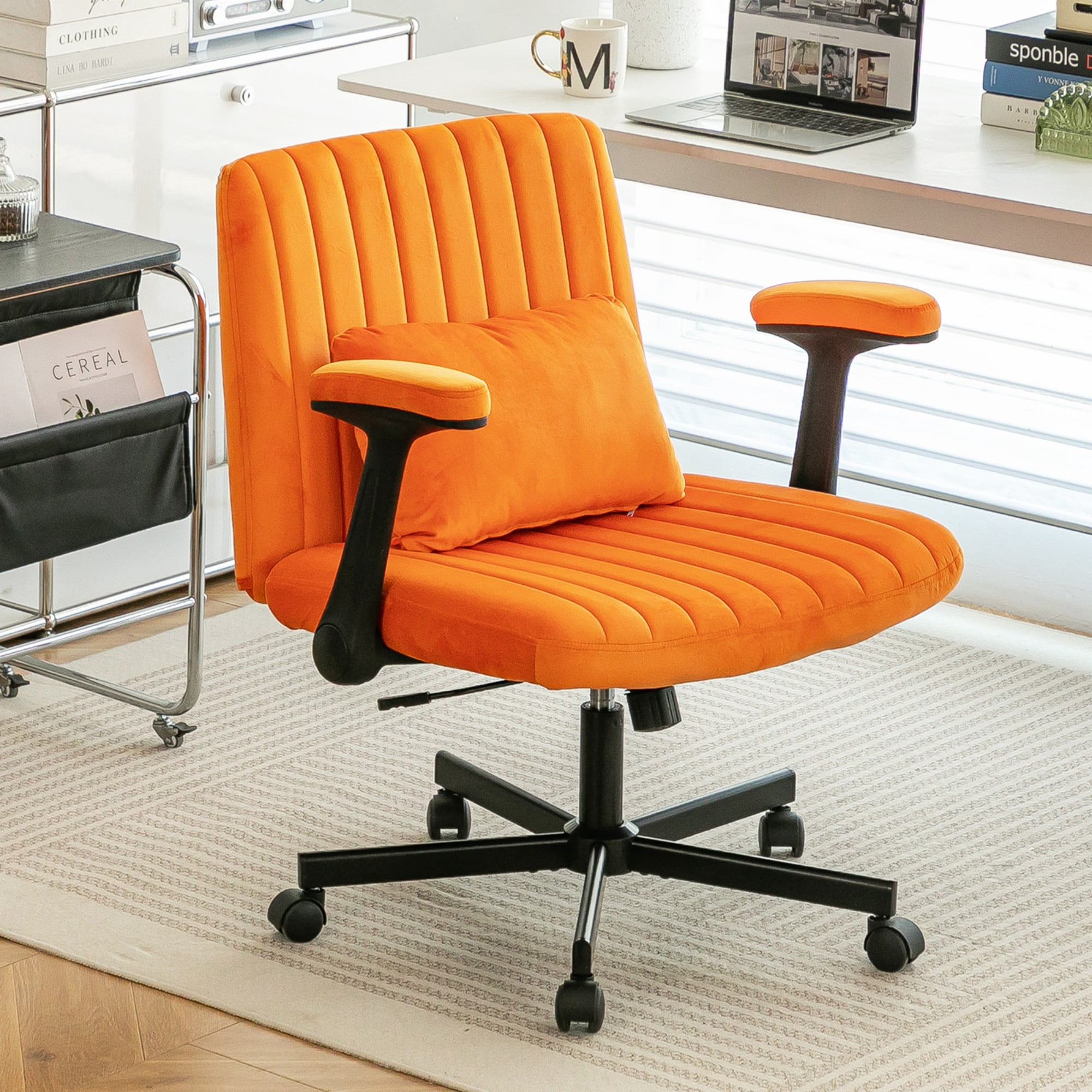 Leumius Velvet Office Chair Criss Cross Legged Chair with Wheels,Reading Chair Vanity Task Desk Chair for Home Office,Blue