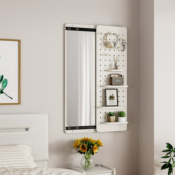 Leumius Wall Mounted Full Length Mirror,Full Body Mirror with Shelf,Multifunctional Wall Mounted Mirror with Hideable mirror for Entrance,Bedroom,Living Room,White