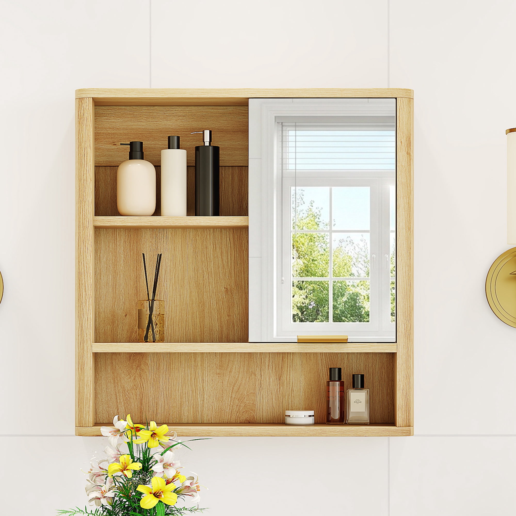 Leumius Wall Mounted Mirror Cabinet,Bathroom Storage Cabinet with Single Door and Open Shelves, Multipurpose Wall Organizer for Bathroom Vanity Laundry Room Natural