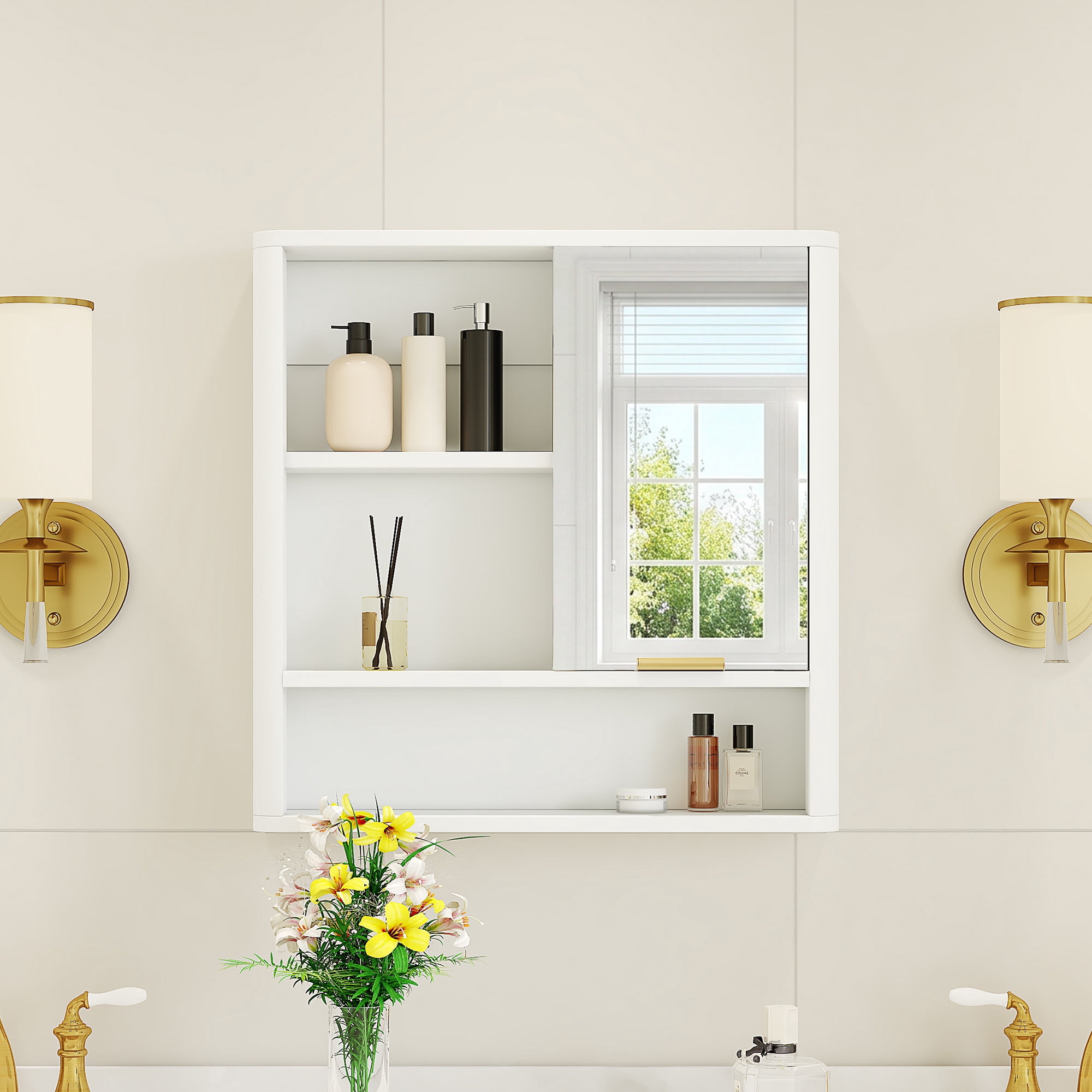 Leumius Wall Mounted Mirror Cabinet,Bathroom Storage Cabinet with Single Door and Open Shelves, Multipurpose Wall Organizer for Bathroom Vanity Laundry Room White