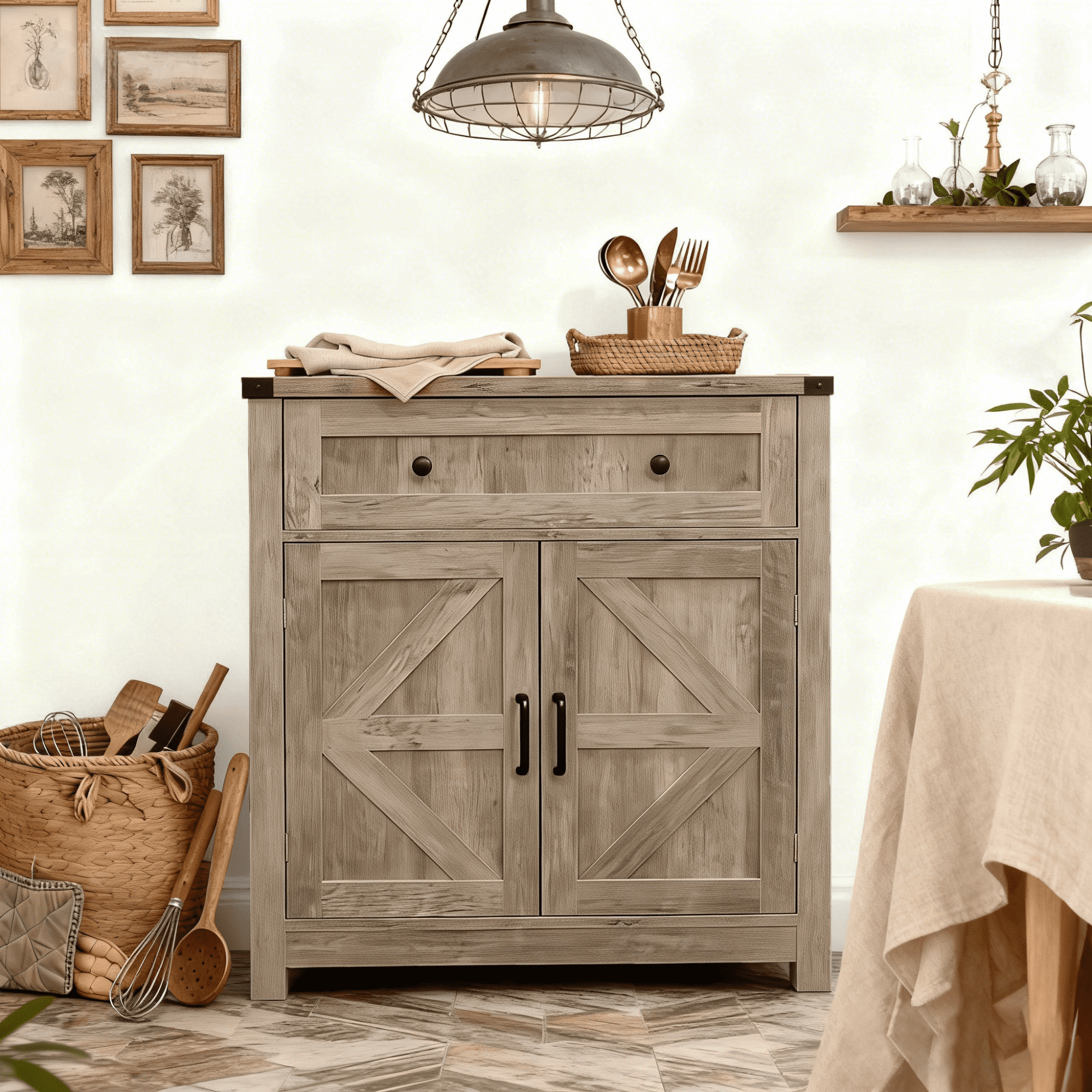 Leumius Washed Wood Farmhouse Barn-Door Storage Cabinet, Coffee Bar Buffet Sideboard with Drawer for Kitchen & Living Room Gray