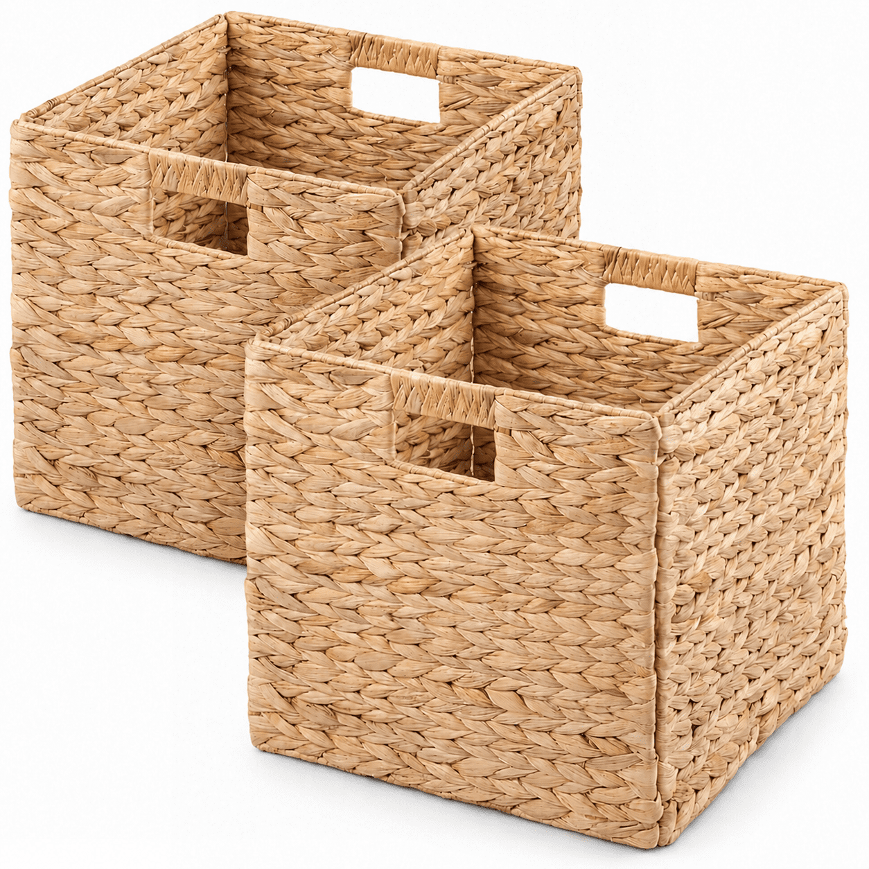 Leumius Water Hyacinth Folding Storage Baskets Set of 2,12.6" x 12.6" x 12.6", Handwoven Cube Baskets with Cutout Handles – Shelf Organizer, Toy Storage, Closet Storage