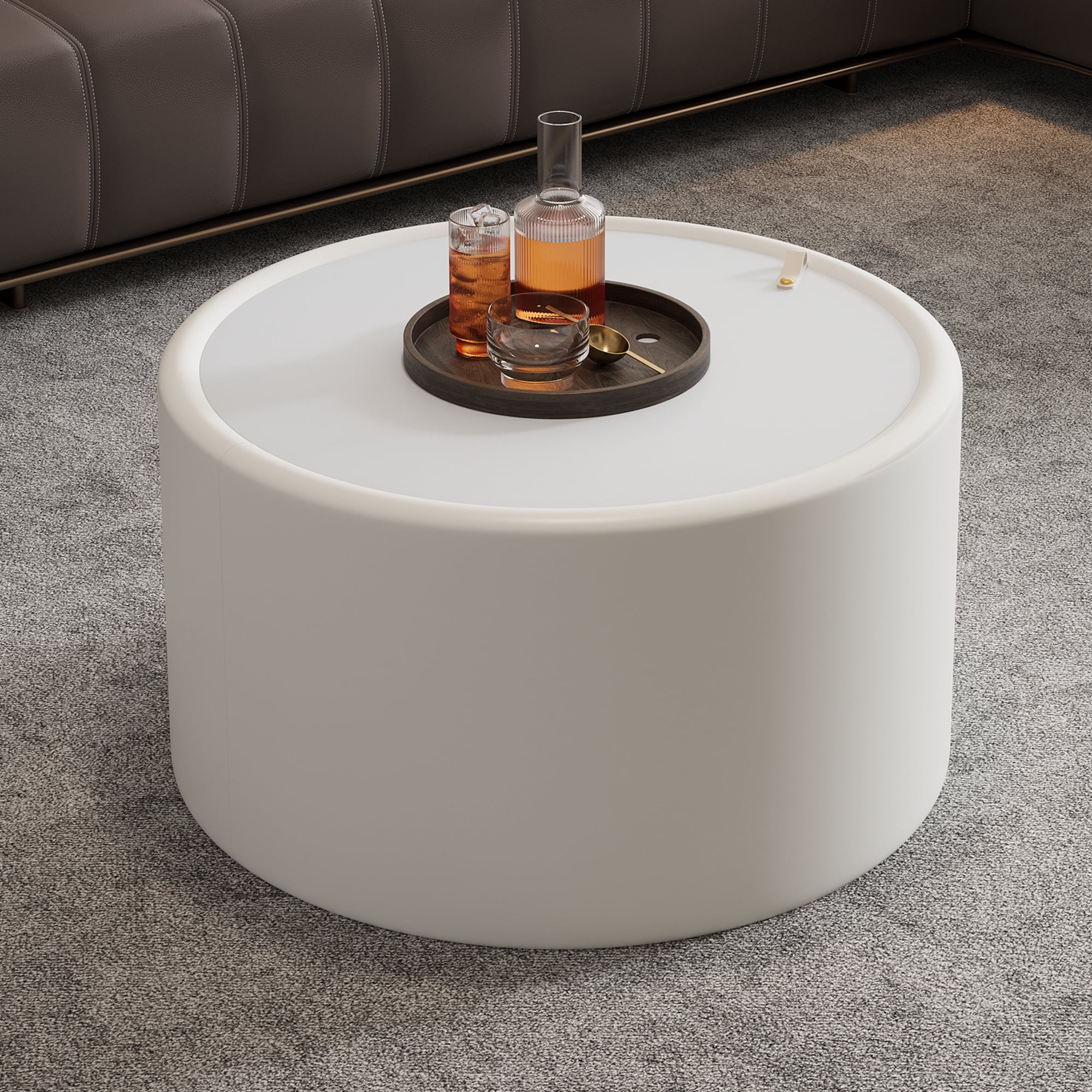 Leumius White Round Coffee Table with Tempered Glass Top, PU Leather Body & Hidden Storage, Modern Accent Table for Living Room White 1