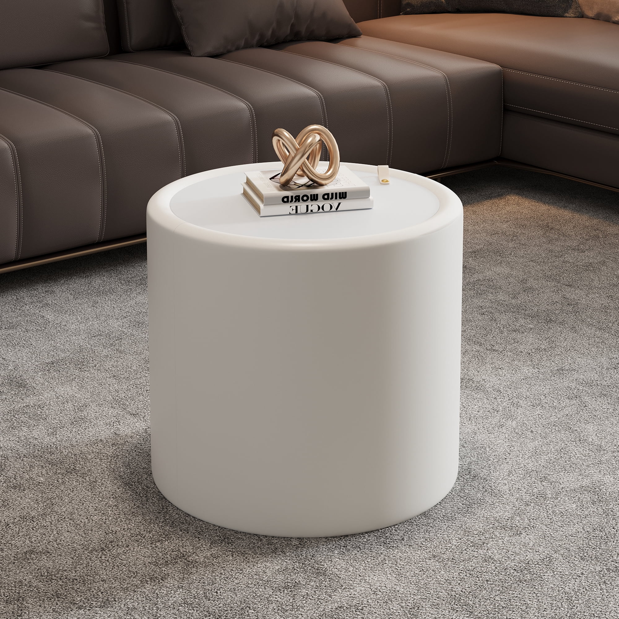Leumius White Round Side Table with Tempered Glass Top, PU Leather Body & Hidden Storage Modern Accent Table for Living Room Bedroom White 2