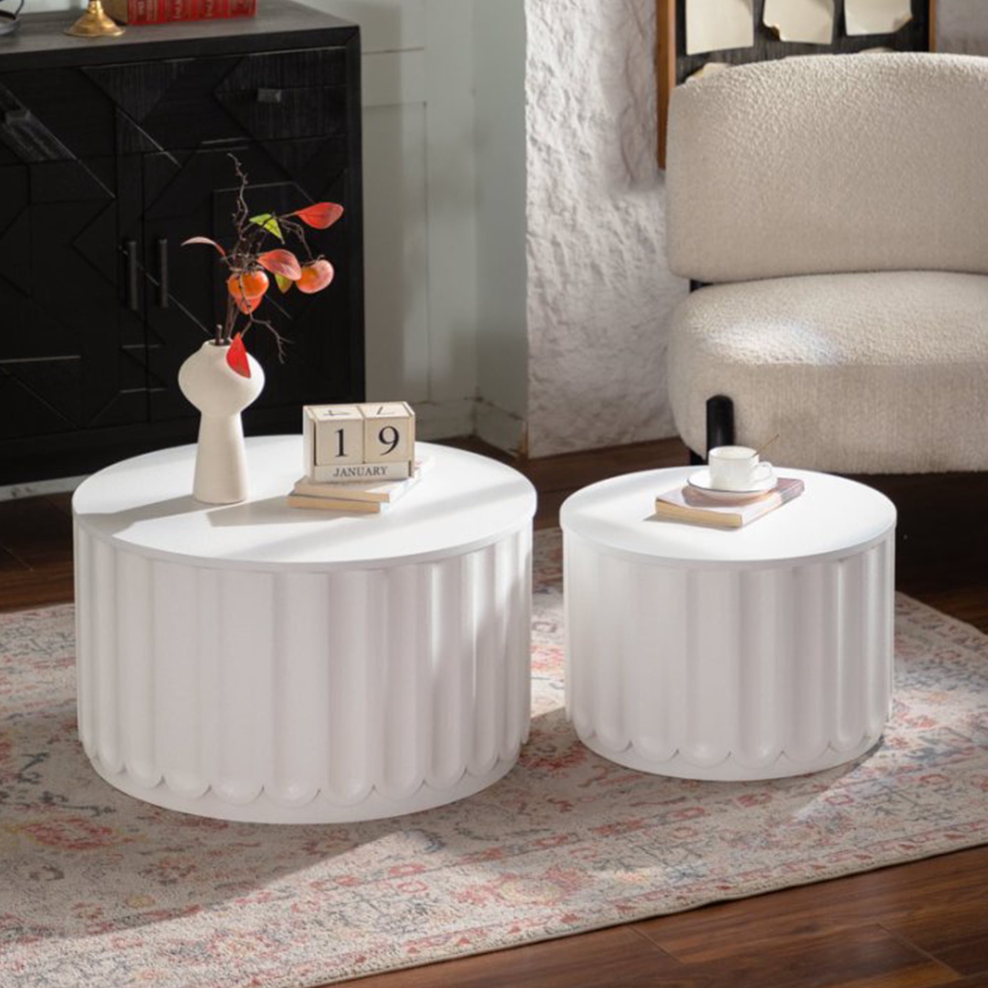 Leumius White Round Storage Table Set with Lift-Off Lid, Nesting Design, Elegant Curved-Edge Shape for Living Room Apartment