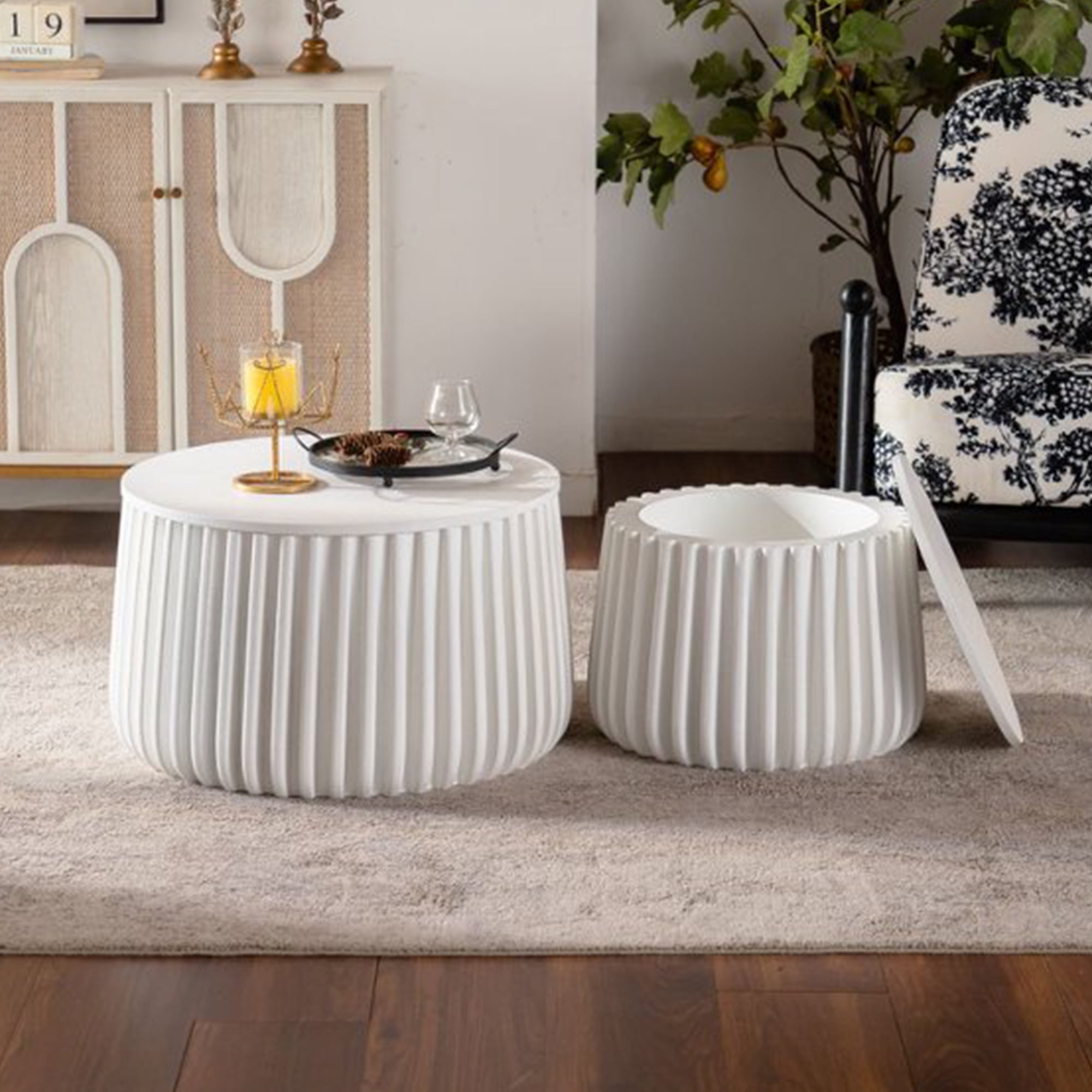 Leumius White Round Storage Table Set with Lift-Off Lid, Nesting Design, Elegant Curved-Edge Shape for Living Room Apartment