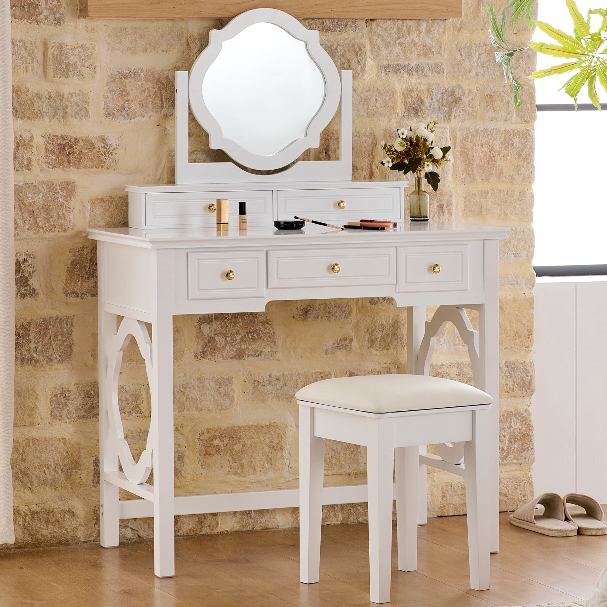 Leumius White Vanity Table Set with Reversible Mirror,Small Makeup Vanity Desk Dressing Table with Stool for Small Places,Bedroom