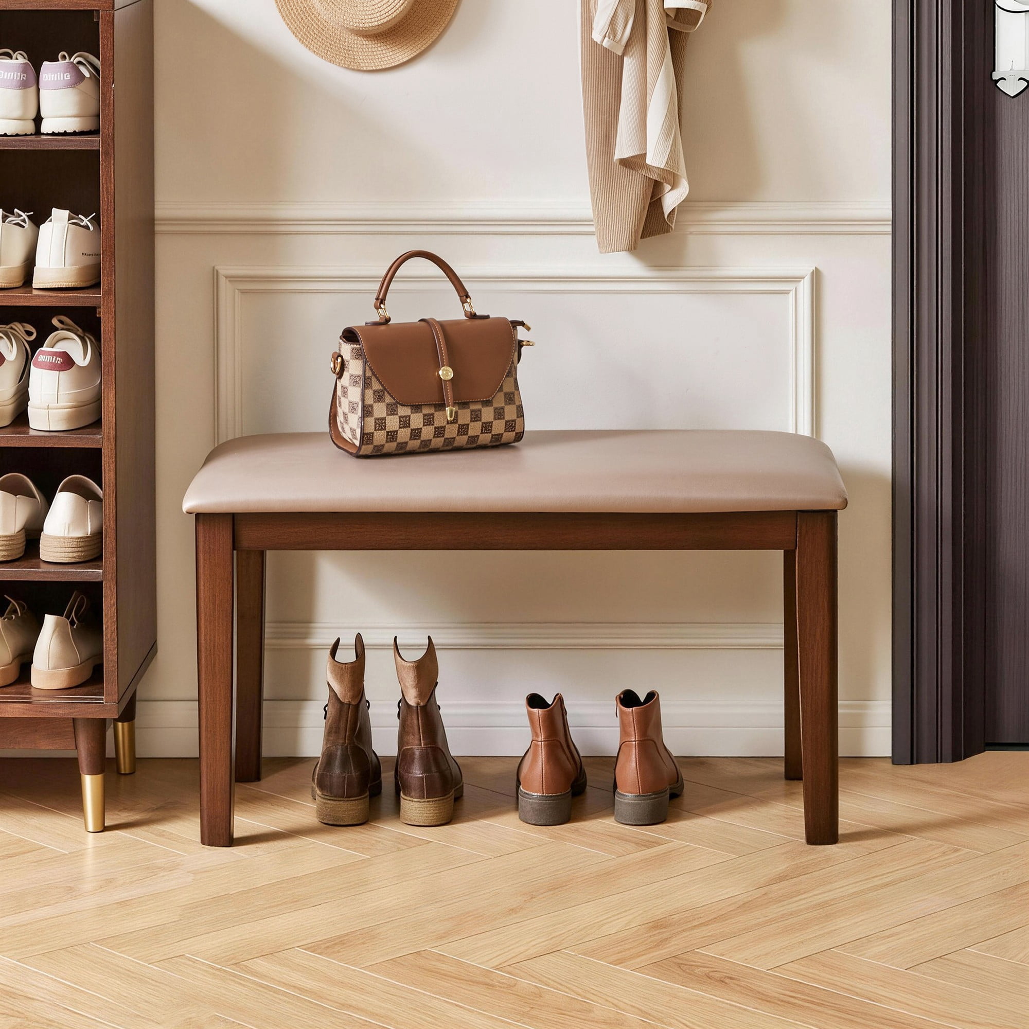 Leumius Wood Bench with Breathable Tech Fabric Cushion,Multi-Use Farmhouse Upholstered Stool for Bedroom & Living Room