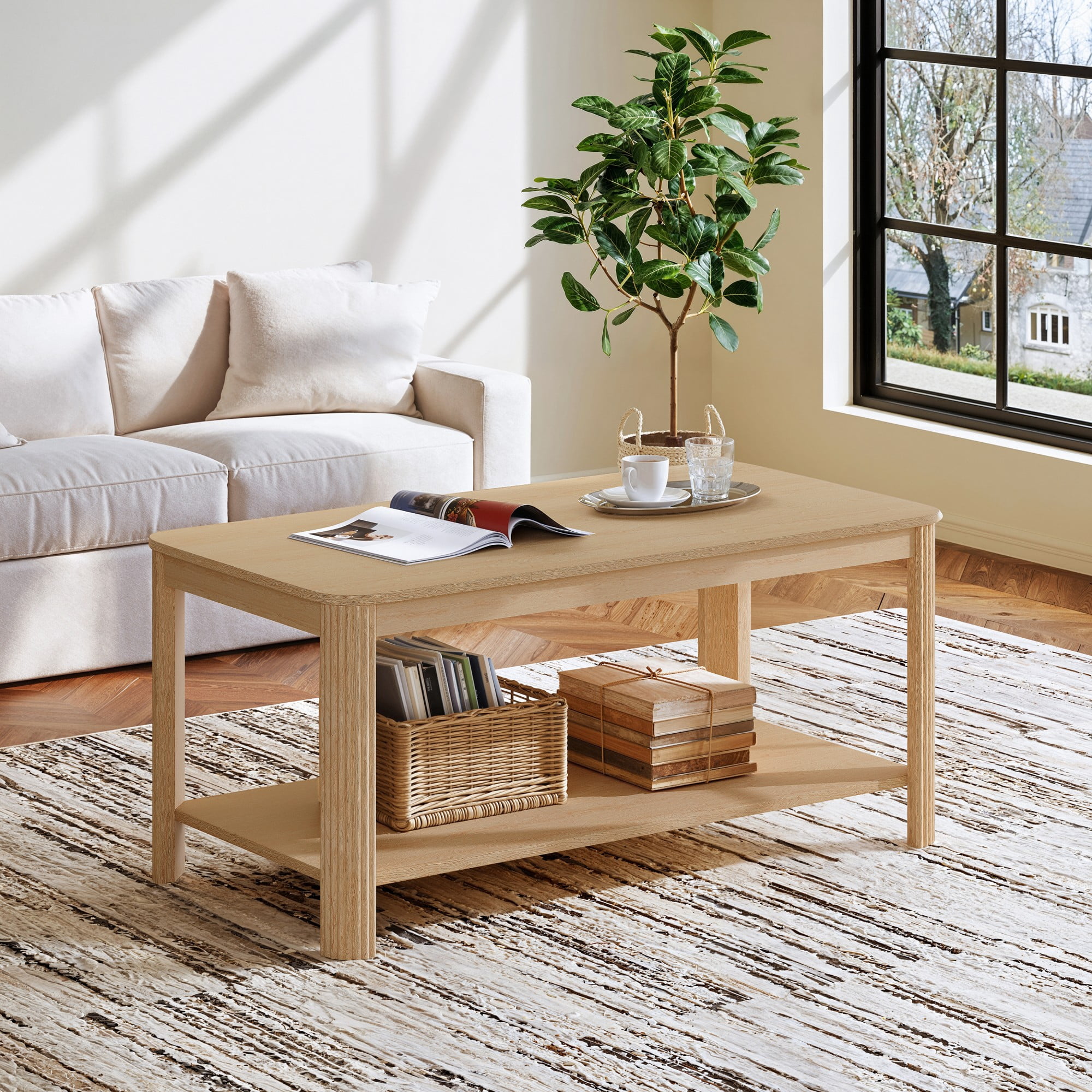 Leumius Wood Coffee Table with Storage Shelf,Modern Rectangular Accent Table for Living Room & Bedroom,39.4" L x 20" W x 17.7" H,Natural