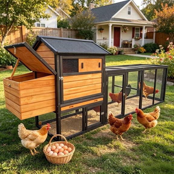 Leumius Wooden Chicken Coop, Large Outdoor Hen House with Run and Nesting Box Poultry Cage, Rabbit Hutch, Waterproof Anti-UV Panel for Backyard Brown+Black