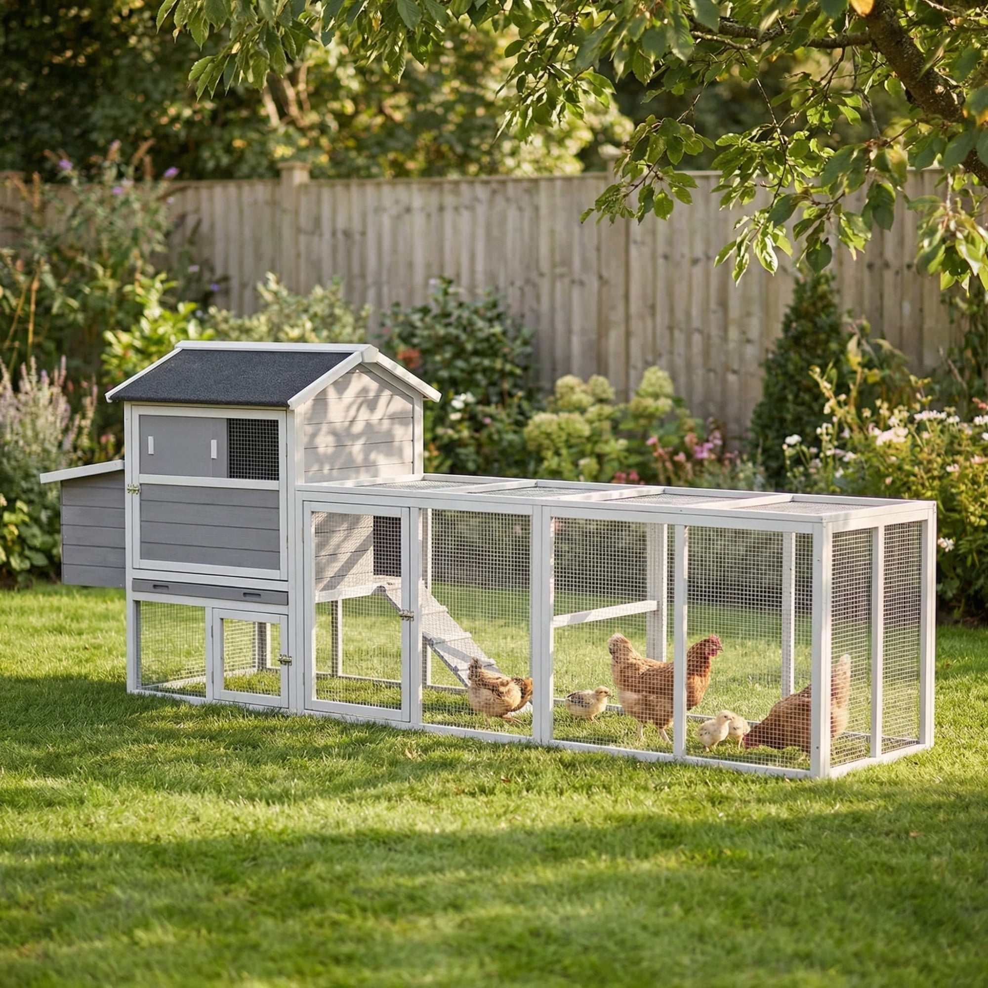 Leumius Wooden Chicken Coop, Large Outdoor Hen House with Run and Nesting Box Poultry Cage, Rabbit Hutch, Waterproof Anti-UV Panel for Backyard Gray