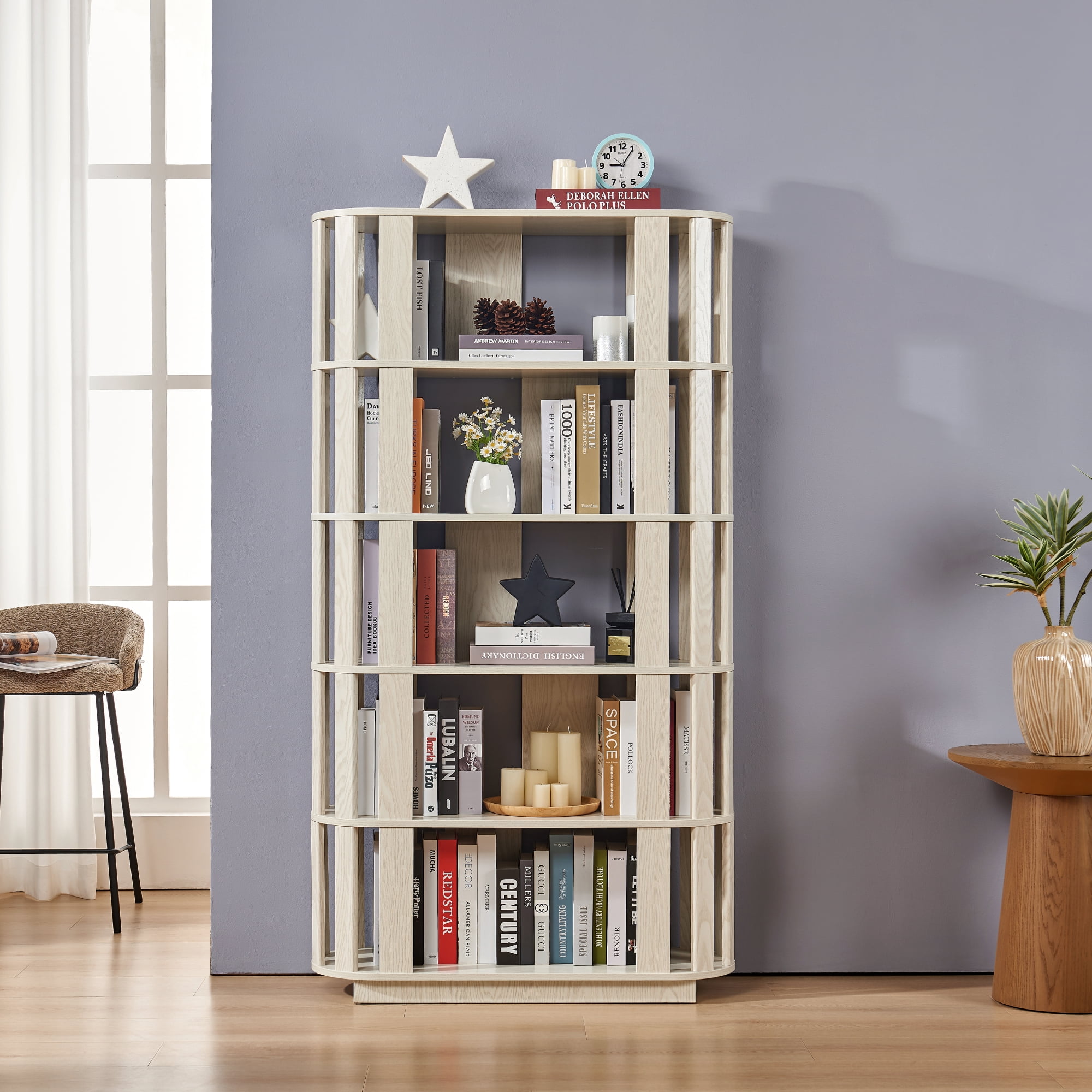 Leumius Wooden Oval Open Bookshelf, 5-Tier Freestanding Bookcases,Easy Assembly DIY Free Combination Storage Cabinet Storage Display Rack for Living Room Home Office Decor,White