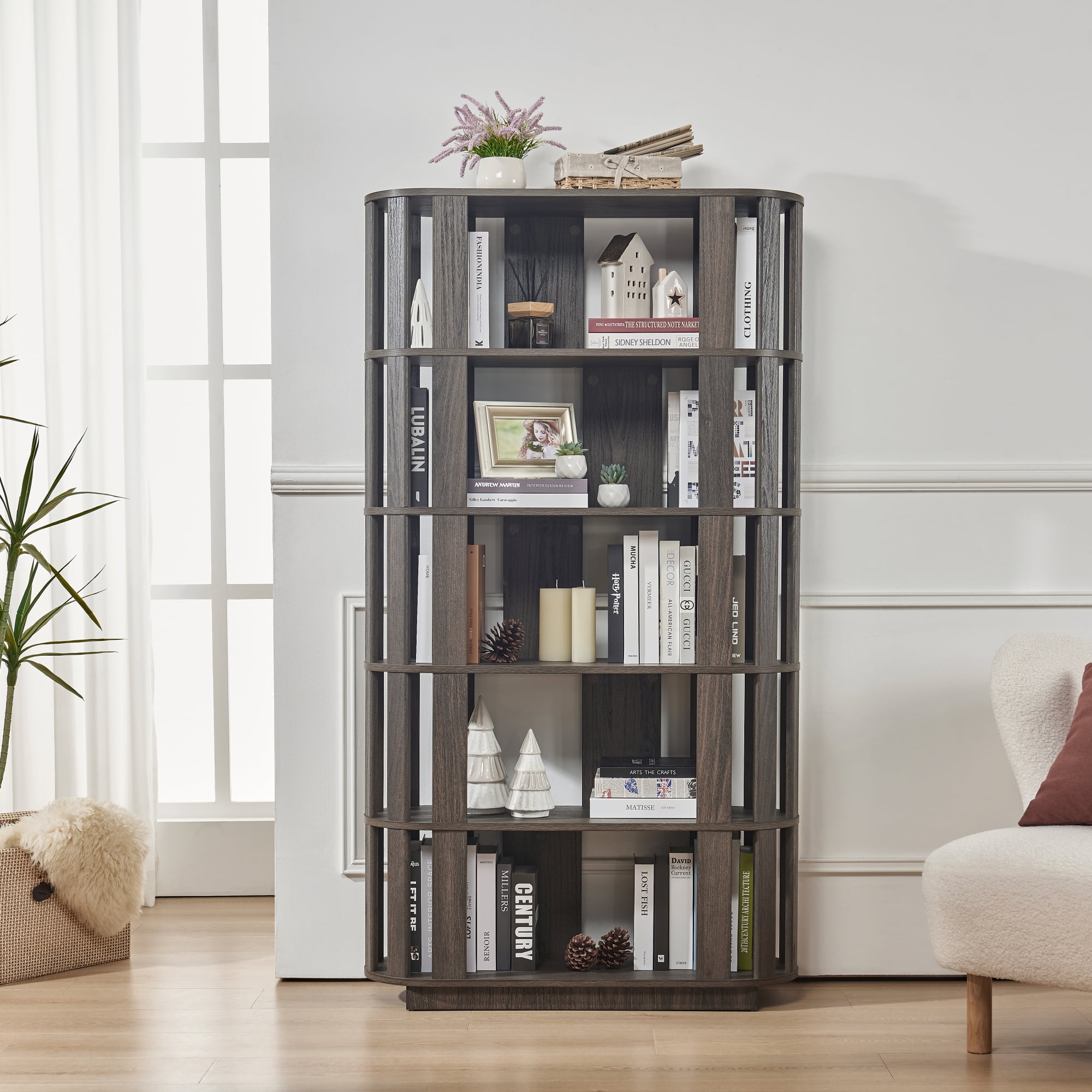 Leumius Wooden Oval Open Bookshelf, 5-Tier Freestanding Bookcases,Easy Assembly DIY Free Combination Storage Cabinet Storage Display Rack for Living Room Home Office Decor,Dark Brown