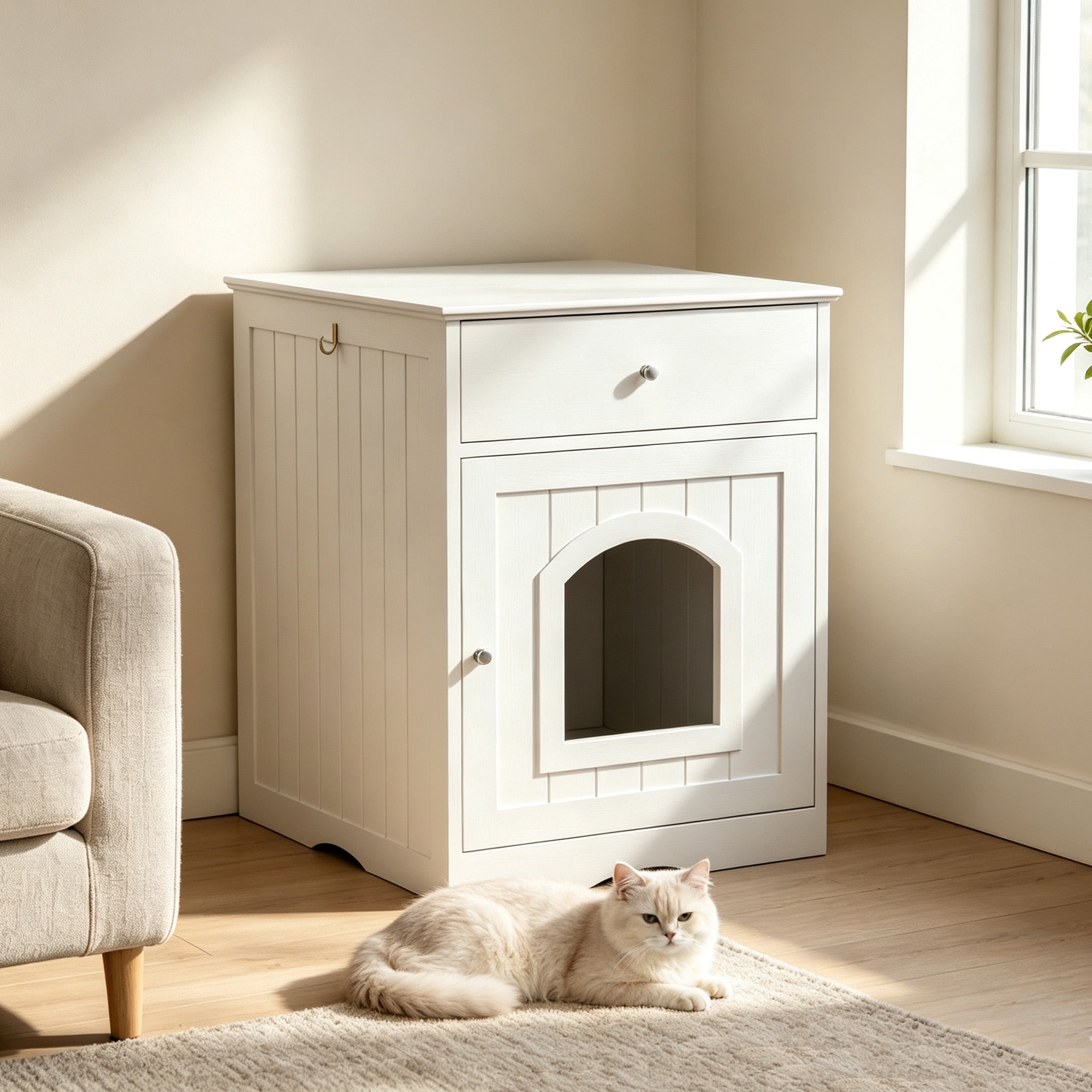 Leumius Wooden Pet House Cat Litter Box Enclosure with Drawer, Side Table, Indoor Pet Crate, Cat Home Nightstand (White)