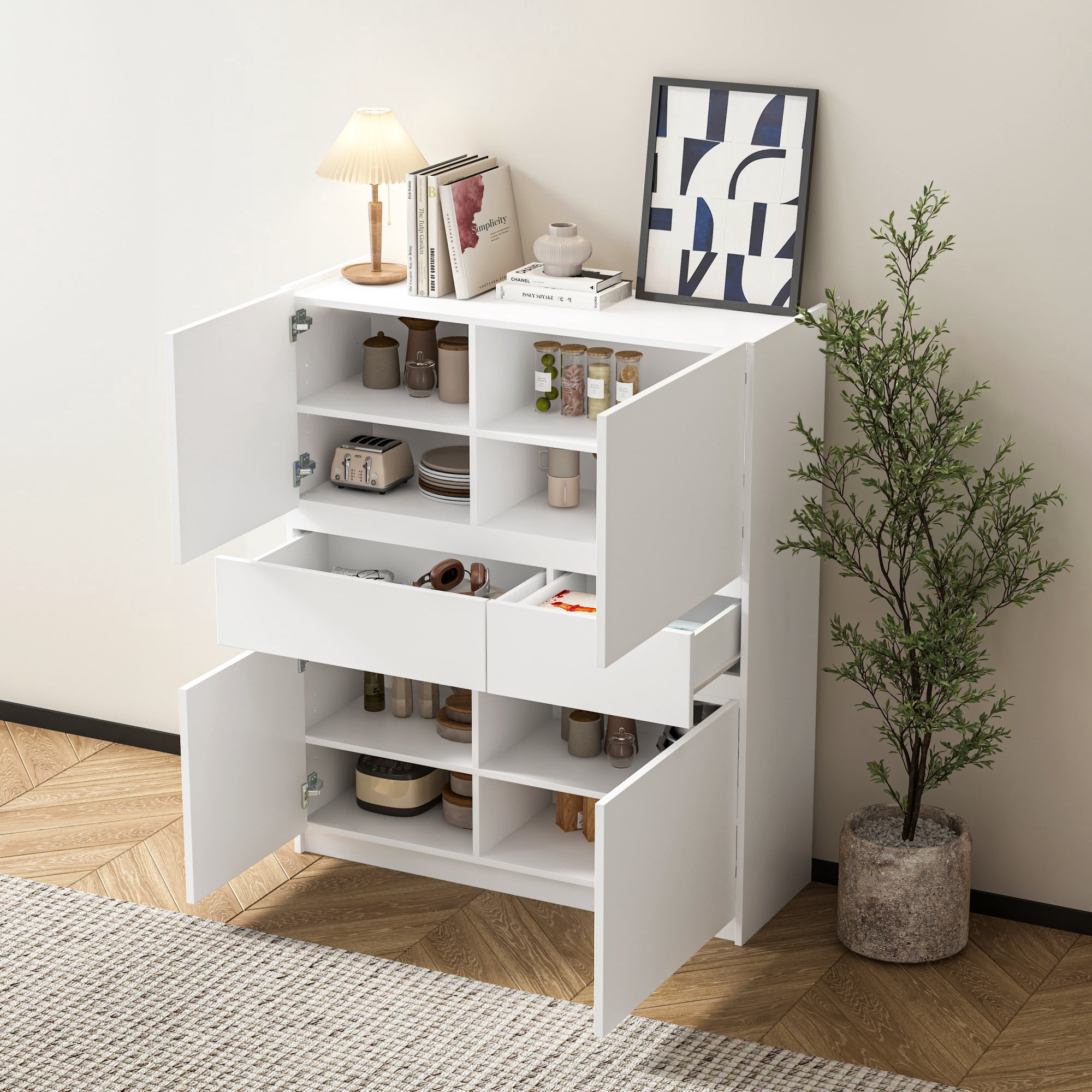 Leumius Wooden Storage Cabinet,Kitchen Pantry Cabinet,Pantry Cabinet with 4 Doors and 2 Drawers for Kitchen,Dining Room,Living Room,White