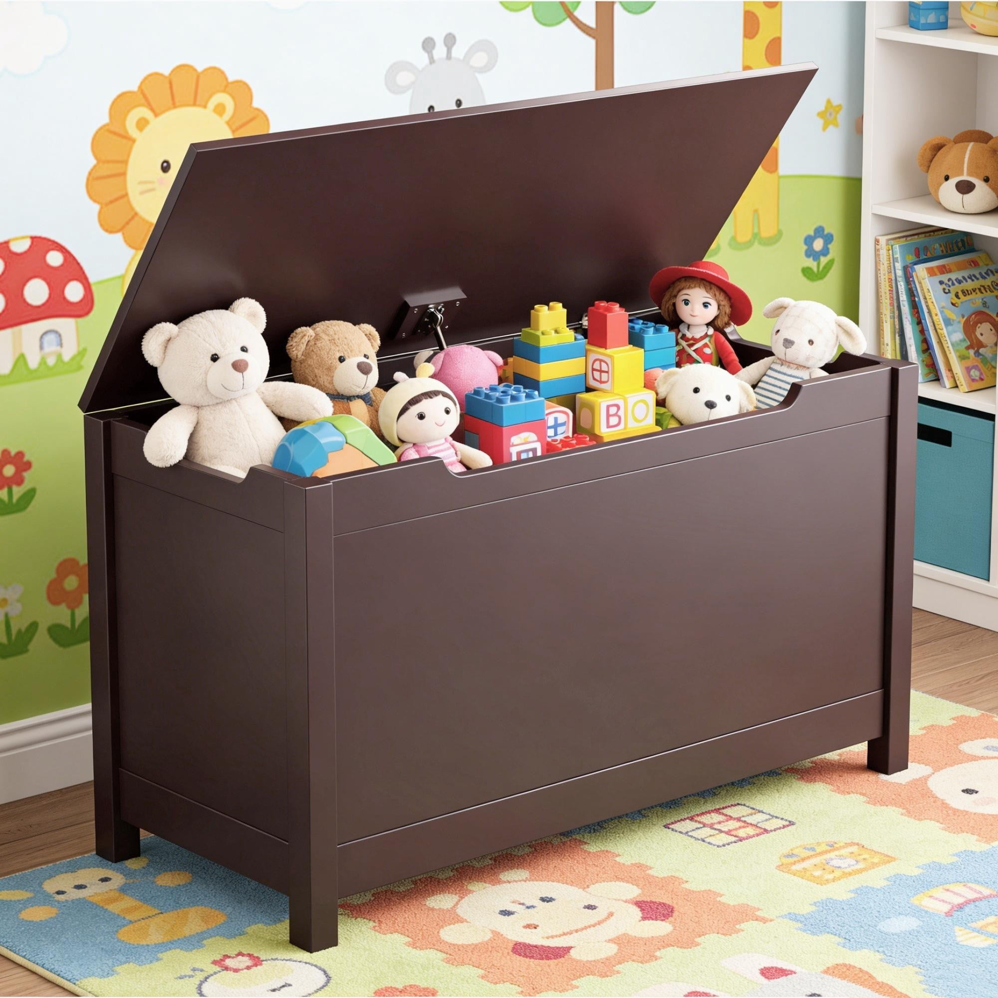 Leumius Wooden Toy Box Storage with Safety Hinged Lid,Modern Toy Storage Organizer for Living Room,Bedroom,Toddler Room,Coffee
