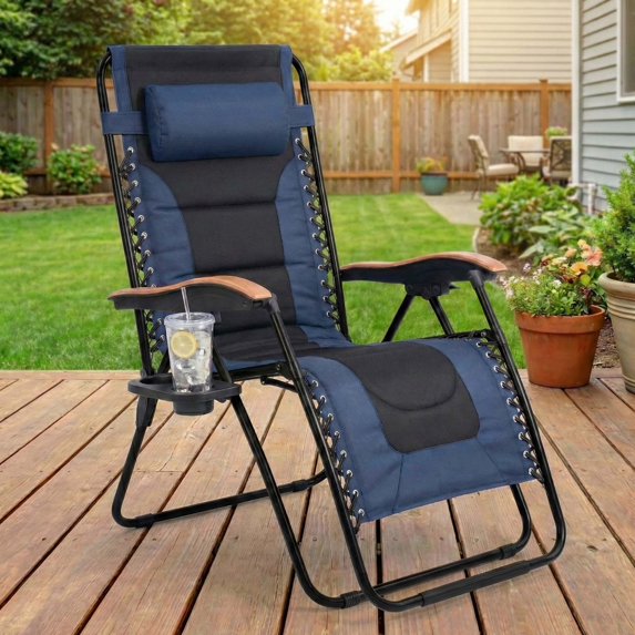 Leumius Zero Gravity Lounge Chair, Oversized Folding Recliner with Adjustable Backrest,Headrest Pillow & Cup Holder for Patio & Lawn,Blue
