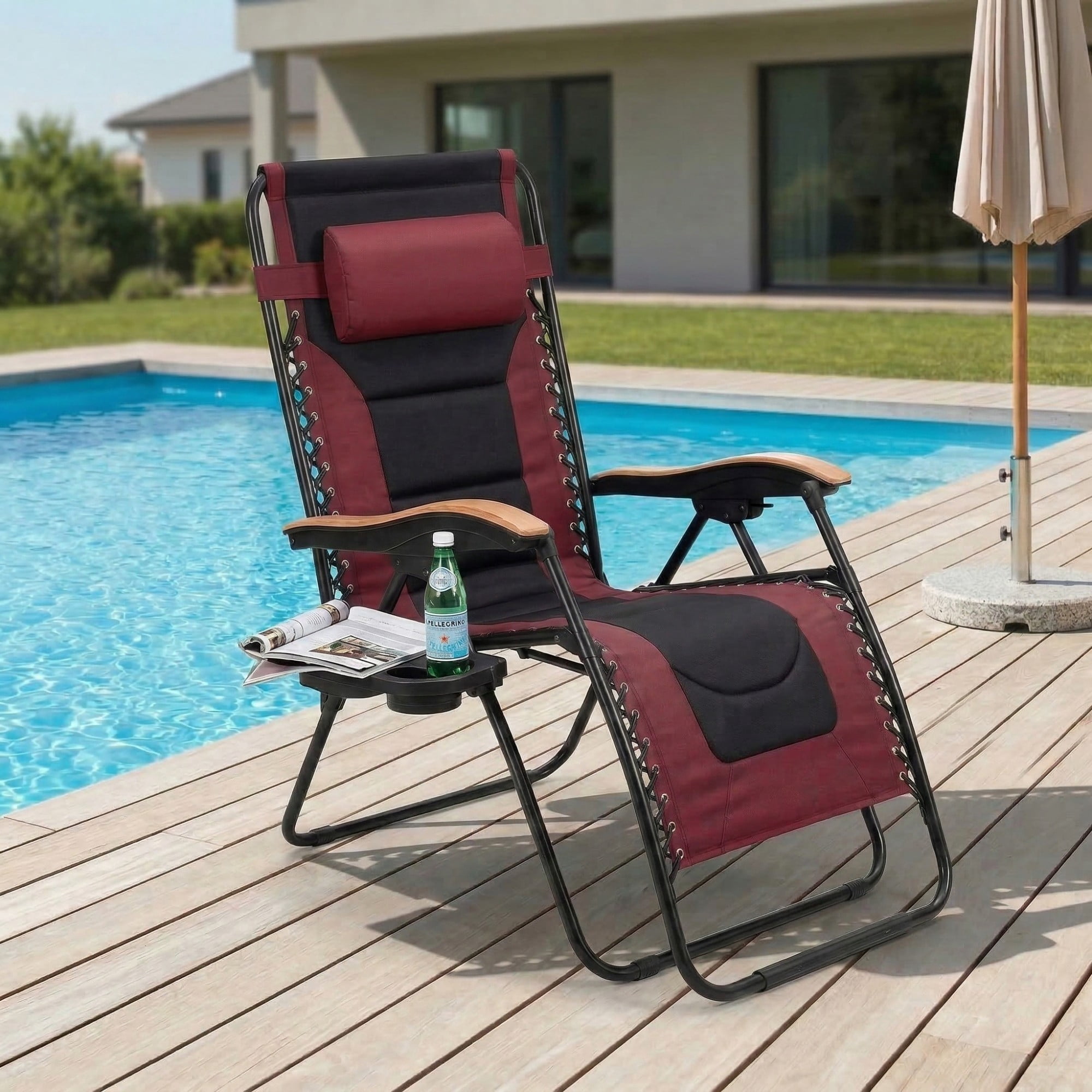 Leumius Zero Gravity Lounge Chair, Oversized Folding Recliner with Adjustable Backrest,Headrest Pillow & Cup Holder for Patio & Lawn,Red