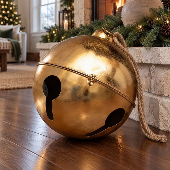 Leutsin 12 Inch Large Metal Jingle Bell Giant Christmas Iron Bell, Rustic Golden Christmas Bell with Jute Hanging Rope for Christmas Indoor Outdoor Ornament Porch Mantel Tree Decor