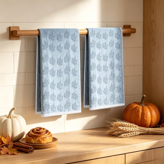 Leutsin 2 Pack Fall Maple Leaf Kitchen Towels, Blue Jacquard Maple Leaf Pattern Absorbent Dish Hand Towels, Farmhouse Seasonal Thanksgiving Halloween Kitchen Counter Home Decor, 16 x 24 inch