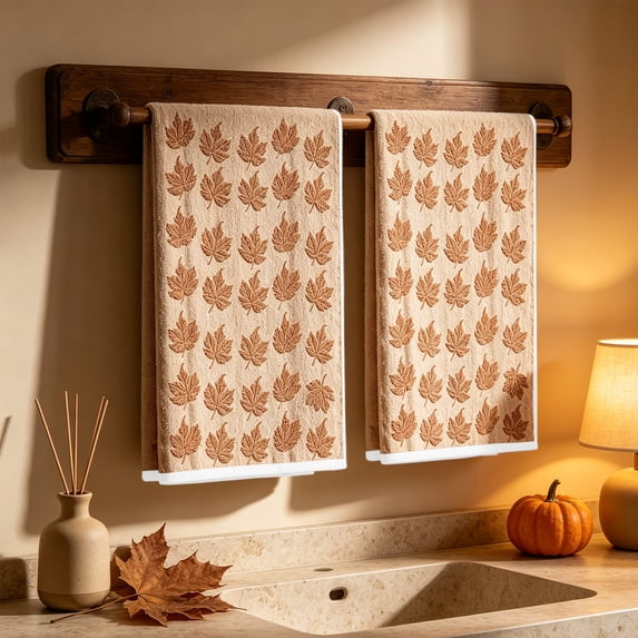 Leutsin 2 Pack Fall Maple Leaf Kitchen Towels, Brown Jacquard Maple Leaf Pattern Absorbent Dish Hand Towels, Farmhouse Seasonal Thanksgiving Halloween Kitchen Counter Home Decor, 16 x 24 inch