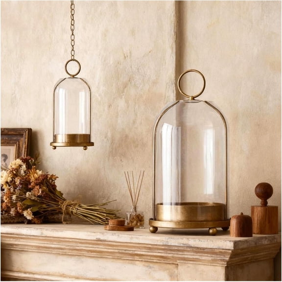 Leutsin 2 Pack Glass Dome Candle Holders - Large & Small Glass Hurricane Candle Holder,Gold Candlestick & Lanterns Set of 2 for Wall Hanging or Desktop Display for Pillar Candles,Plants Decorative