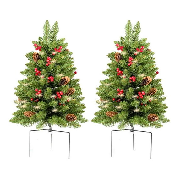 Leutsin 2 Pack Pre-lit Christmas Tree,24 Inch Artificial Christmas Tree for Outdoor Porch,Urn Filler,Home Xmas Decorations,Pathway Xmas Tree with Ornaments for Holiday New Year Walkway Patio Yard
