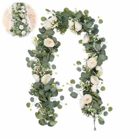 Leutsin 5.9FT Artificial Eucalyptus Flower Garland with White Rose Flowers, Faux Silk Rose Vine Gypsophila Greenery for Home Party Wedding Table Decor
