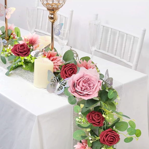 Leutsin 5.9FT Artificial Eucalyptus Flower Garland with Red Rose Flowers, Faux Silk Rose Vine Gypsophila Greenery for Home Party Wedding Table Decor
