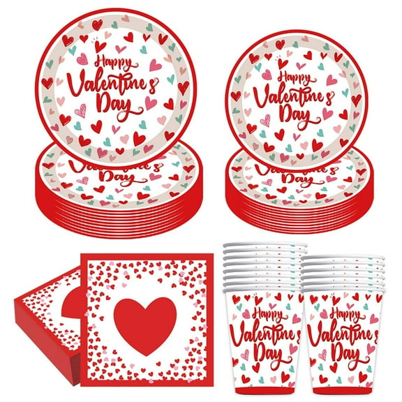 Leutsin 80PCS Valentines Day Tableware Set Heart Pattern Plates Cups Napkins Romantic Party Supplies Valentines Day Decorations Happy Valentines Day Disposable Tableware Set Serve 20 Guests
