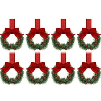 Leutsin 8Pcs Christmas Kitchen Cabinet Wreaths with Ribbon Mini Christmas Wreath Small Artificial Pine Cabinet Rings with Red Bows and Berries Greenery Wreath for Window Door Decor 5 x 22 Inch
