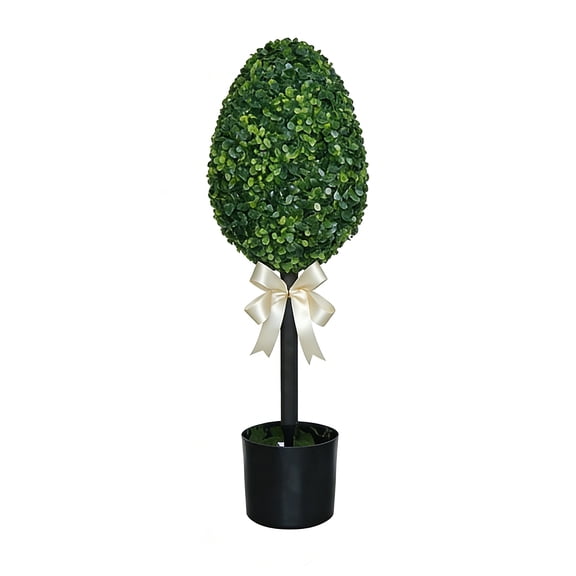 Leutsin Boxwood Easter Egg Topiary Outdoor - Green Easter Egg Shaped Topiary Trees,Artificial Decorations Ball Planter Pots with Bow Tie,Faux Fake Mini Greenery Indoor Porch Home Decor,1pc