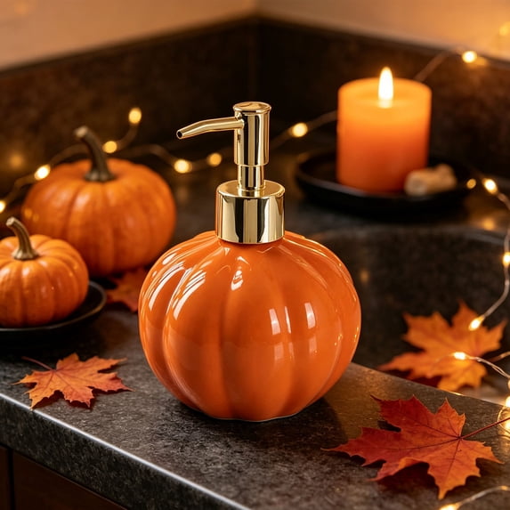 Leutsin Ceramic Pumpkin Soap Dispenser, Fall Halloween Orange Pumpkin Shaped Hand Soap Pump Bottle for Bathroom Kitchen Counter Decor, Refillable Hand Soap Dispenser for Home Decor and Gift