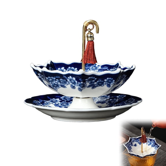 Leutsin Ceramic Umbrella Tea Strainer, Blue and White Porcelain Umbrella Shaped Tea Infuser Diffuser Cup Set Loose Leaf Filter with Rotating Design, Ideal Gift for Tea-Lovers and Collector