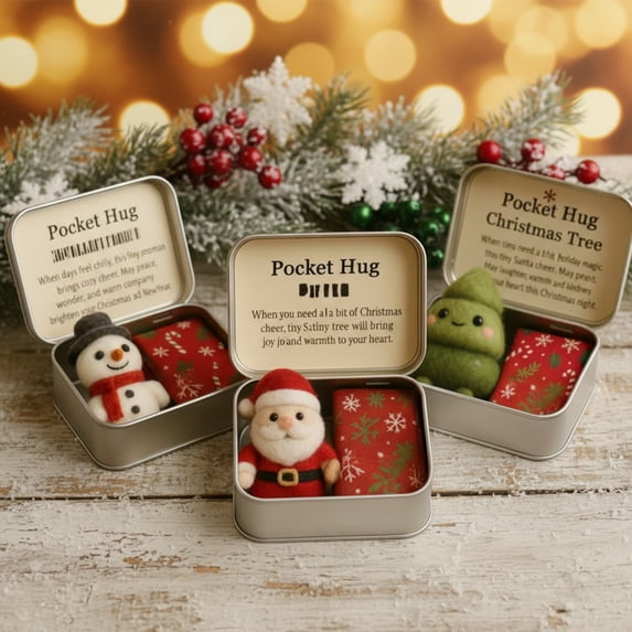 Leutsin Christmas Pocket Hug Gift in Tin Box, Handmade Mini Santa Claus Felt Keepsake with Inspirational Message Card for Friends Family, Soft Fleece Lined Portable Warmth Holiday Present