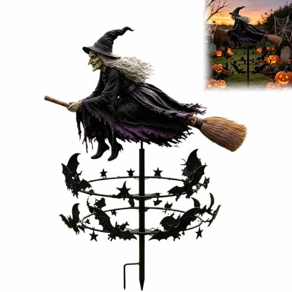 Leutsin The Enchanted Witch Garden Wind Spinner, Flying Witch on Broom Metal Garden Stake with Bat Star Rotating Rings Weatherproof Yard Stake Halloween Outdoor Lawn Garden Spooky Decor (1PCS)