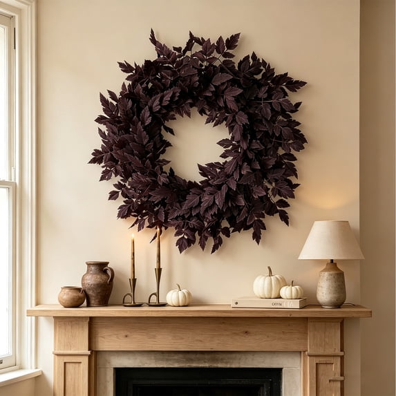 Leutsin Fall Wreath for Front Door, 24" Large Artificial Boxwood Leaves Outdoor Autumn Wreath for Home, Farmhouse Wall Porch Window Thanksgiving Day Harvest Festival Decor